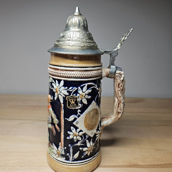 Vintage Golden Crown E&R Western Germany Beer Stein, lidded Beer Stein 9inch - Picture 2 of 13